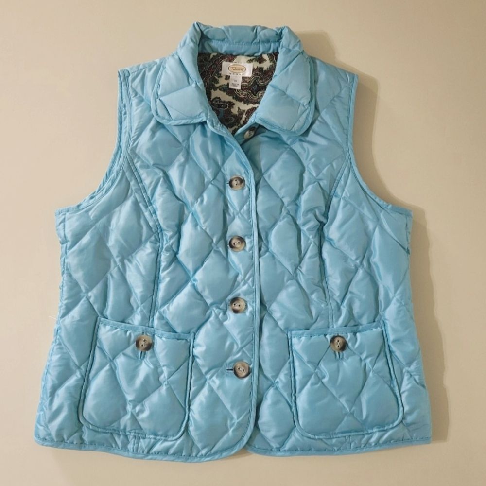 Talbots Quilted Down Lined Aqua Button Front Vest - image 1